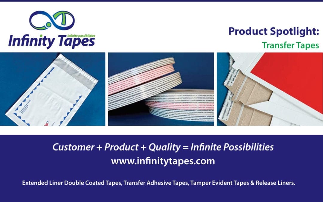 Are you looking for transfer adhesive tapes for your brochures, envelopes, business forms, foam or film lamination, or bag closures? Our transfer adhesive tape products can be customized to meet all your business needs – Reach out to Infinity Tapes today to learn more!
